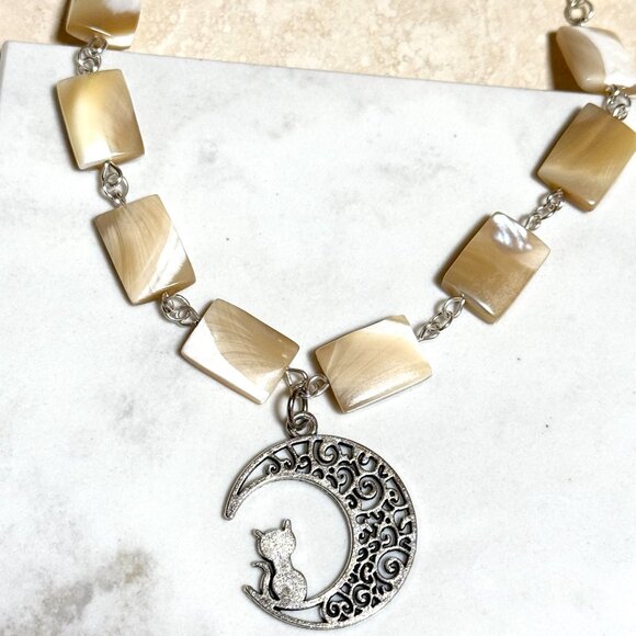 Rectangular Mother of Pearl Beaded Short Necklace + Cat on the Moon Pendant - Picture 6 of 14